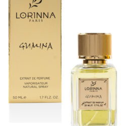 Lorinna Gumina Extrait de Parfum 50ml bottle and packaging featuring a luxurious woody fragrance with citrus, floral and agarwood notes.