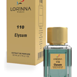 Lorinna 110 Elysum Extrait de Parfum 50ml bottle and packaging featuring a sophisticated masculine fragrance with citrus, aromatic and amber-leather accords.