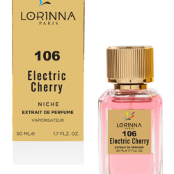 Lorinna 106 Electric Cherry Extrait de Parfum 50ml bottle and packaging featuring a luxurious fragrance with cherry, vanilla and floral accords.