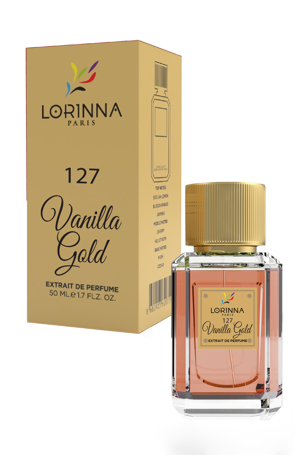 127-Vanilla Gold Lorinna Vanilla Gold No.127 Extrait de Parfum 50ml bottle and packaging