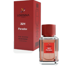 Lorinna Paris No.321 Paradox Eau de Parfum for Women 50ml bottle with red cap displayed next to its elegant red packaging box.
