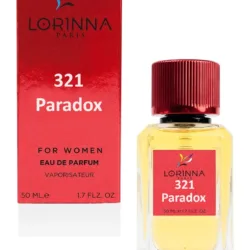 Lorinna Paris No.321 Paradox Eau de Parfum for Women 50ml bottle with red cap displayed next to its elegant red packaging box.