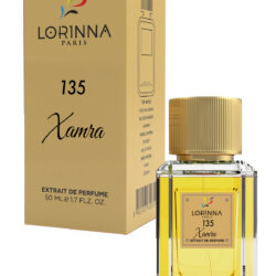 Lorinna Paris No.135 Xamra Extrait de Parfum 50ml bottle and packaging displayed with golden box and luxury glass perfume bottle containing golden-colored fragrance.