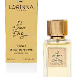 Lorinna 58 Dear Poly Extrait de Parfum 50ml bottle and packaging featuring a sophisticated unisex fragrance with black tea, apple and amber notes.