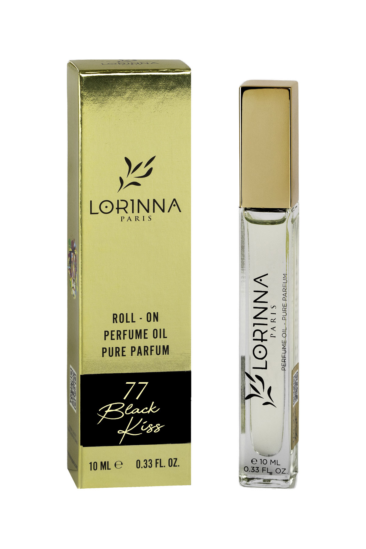 Lorinna 77 Lorinna Paris Black Kiss No.77 Roll-On Perfume Oil Pure Parfum 10ml bottle and gold packaging, inspired by Carolina Herrera Good Girl.