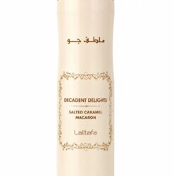 Lattafa Decadent Delights Salted Caramel Macaron air freshener 300ml bottle and packaging