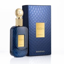 Blue Khadlaj Icon perfume bottle with gold accents and matching textured blue box.