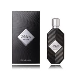 Black and silver Onyx Silver perfume bottle with matching luxury box packaging.