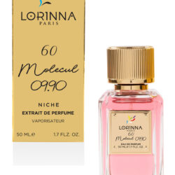 Lorinna 60 Molecul 09.90 Extrait de Parfum 50ml bottle and packaging featuring a modern unisex fragrance with floral, fruity and creamy woody accords.