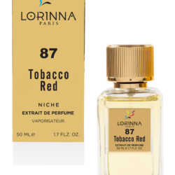 Lorinna 87 Tobacco Red Extrait de Parfum 50ml bottle and packaging featuring a warm unisex fragrance with tobacco, spicy and woody accords.