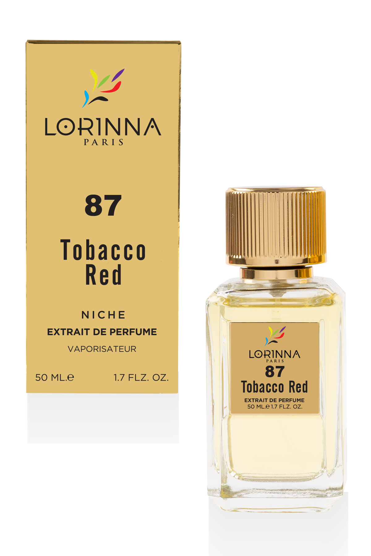 lorinna-87-tobacco-red-extrait-de-parfum-50ml Lorinna 87 Tobacco Red Extrait de Parfum 50ml bottle and packaging featuring a warm unisex fragrance with tobacco, spicy and woody accords.