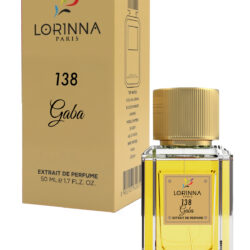 Lorinna Paris No.138 Gaba Extrait de Parfum 50ml bottle and packaging displayed with elegant gold box and luxury glass perfume bottle.