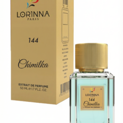 Lorinna Paris No.144 Chimilka Extrait de Parfum 50ml bottle and packaging displayed on a white background, featuring a light blue fragrance and gold accents.
