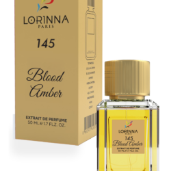 Lorinna Paris No.145 Blood Amber Extrait de Parfum 50ml bottle and packaging displayed on a white background, featuring a golden fragrance and luxurious gold accents.