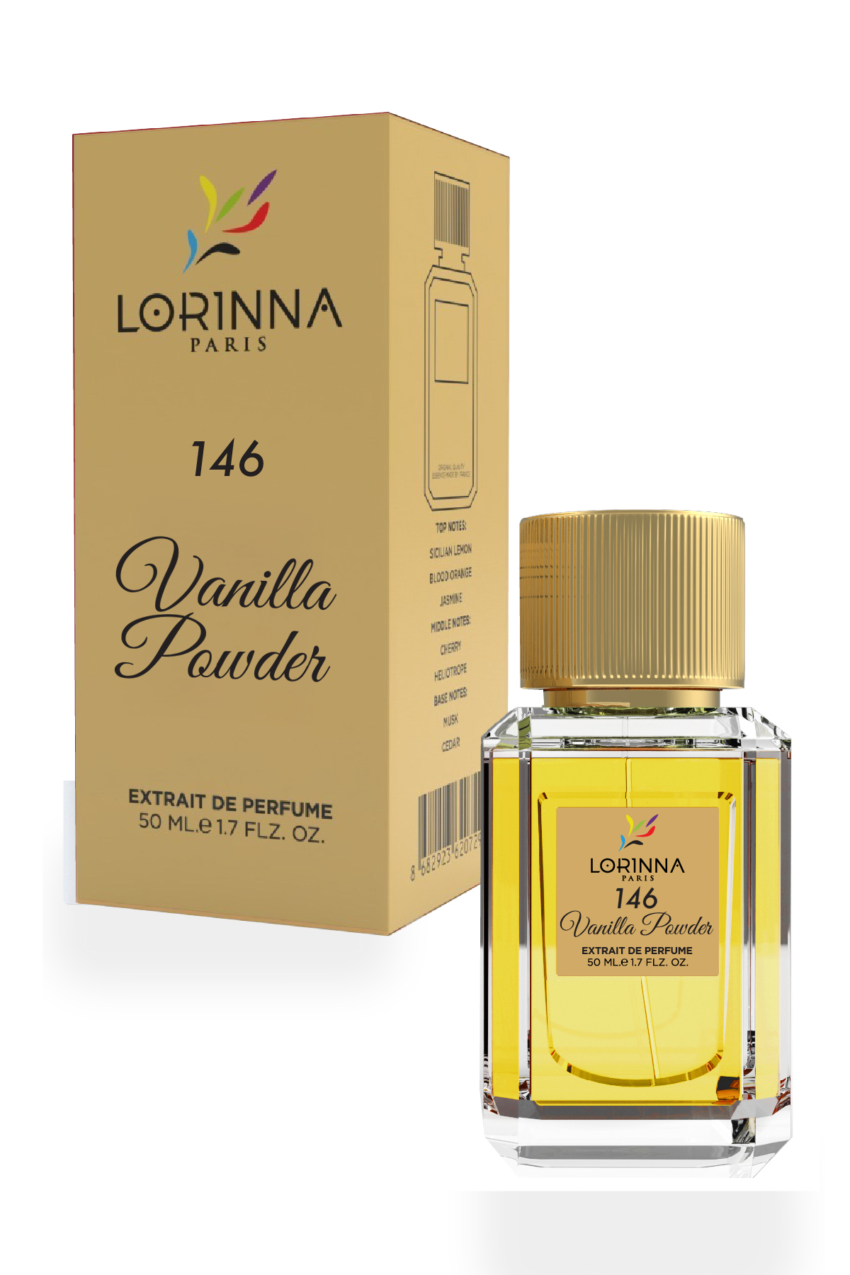 12 - The Of Lady Lorinna Paris No.146 Vanilla Powder Extrait de Parfum 50ml bottle and packaging displayed on a white background, featuring a golden fragrance and elegant gold accents.