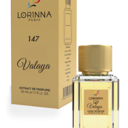 Lorinna Paris No.147 Valaya Extrait de Parfum 50ml bottle and packaging displayed on a white background, featuring a pale golden fragrance and elegant gold accents.