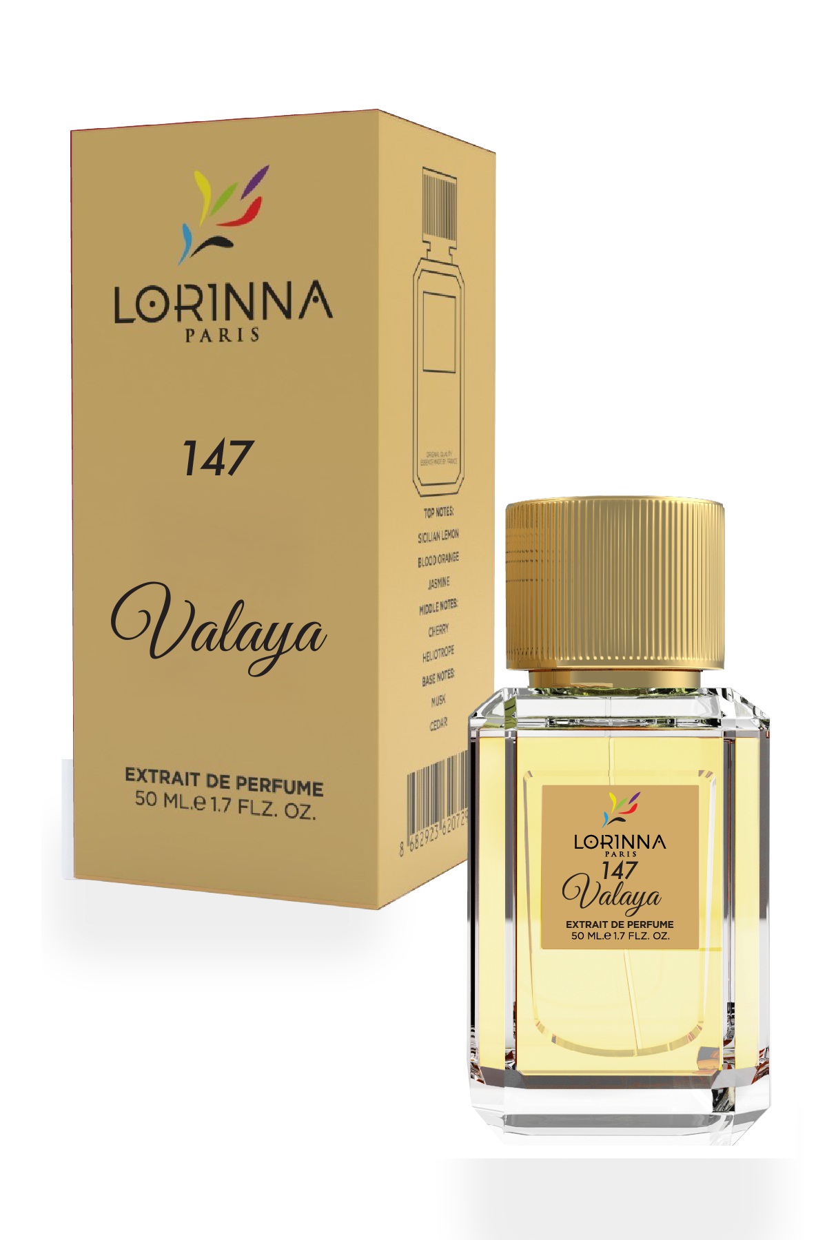 147-Valaya Lorinna Paris No.147 Valaya Extrait de Parfum 50ml bottle and packaging displayed on a white background, featuring a pale golden fragrance and elegant gold accents.