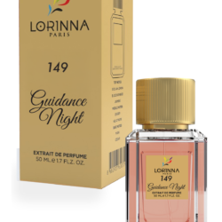 Lorinna Paris No.149 Guidance Night Extrait de Parfum 50ml bottle and packaging featuring a luxurious pink-toned fragrance in a crystal glass bottle with a gold cap and elegant gold box.