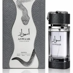 Riiffs Aswaar Extrait de Parfum 100ml bottle with matching silver and black packaging featuring a snake design, displayed on a white background.