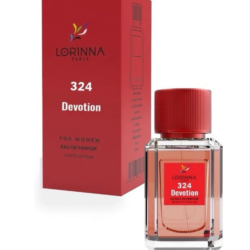 Lorinna Paris Devotion No.324 Extrait de Parfum for Women 50ml bottle and red packaging, featuring a luxurious gourmand floral fragrance with vanilla and citrus accords.