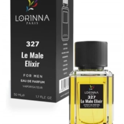 Lorinna Paris No.327 Le Male Elixir Extrait de Parfum for Men 50ml bottle and black packaging, featuring a sophisticated aromatic gourmand fragrance with lavender, vanilla, and tobacco notes.
