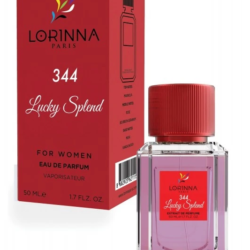 Lorinna Paris Lucky Splendid No.344 Extrait de Parfum for Women 50ml bottle and red packaging, featuring an elegant fruity-floral fragrance with raspberry, rose, and white musk accords.