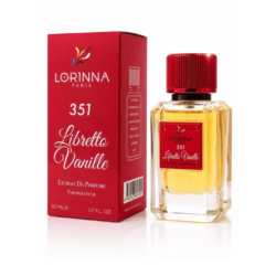 Lorinna Paris Libretto Vanille No.351 Extrait de Parfum for Women 50ml bottle and red packaging, featuring a luxurious vanilla floral fragrance with Bourbon vanilla, orange blossom, and rum accords.