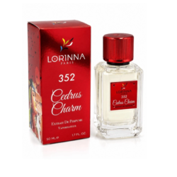 Lorinna Paris Cedrus Charm No.352 Extrait de Parfum for Women 50ml bottle and red packaging, featuring a luxurious vanilla floral fragrance with Bourbon vanilla, orange blossom, and warm aromatic accords.