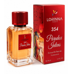 Lorinna Paris No.354 Paradox Intense Extrait de Parfum for Women 50ml bottle with red cap displayed next to its red luxury packaging box.