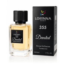 Lorinna Paris No.355 Devoted Extrait de Parfum for Men 50ml bottle with black cap displayed beside its elegant black packaging box.