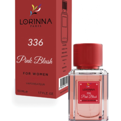 Lorinna Paris No.336 Pink Blush Extrait de Parfum for Women 50ml bottle with red cap displayed next to its elegant red packaging box.