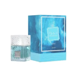 Lattafa Khamrah Waha Eau de Parfum 100ml bottle with matching light blue retail packaging, displayed on a white background.