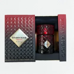 Riiffs Golden Elixir Crimson Eau de Parfum 100ml bottle displayed in an open red and black presentation box with matching luxury packaging.