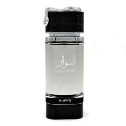 Riiffs Aswaar Eau de Parfum 100ml bottle with silver glass, black textured accents, and a decorative snake on the cap, displayed on a white background.