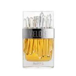 Riiffs Veloce Extrait de Parfum 100ml bottle with a crystal-inspired transparent cap and amber-colored fragrance, displayed on a white background.